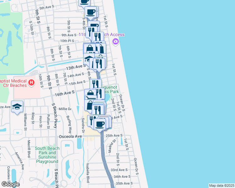 map of restaurants, bars, coffee shops, grocery stores, and more near 1795 1st Street South in Jacksonville Beach