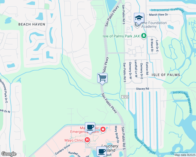 map of restaurants, bars, coffee shops, grocery stores, and more near 4060 San Pablo Parkway in Jacksonville
