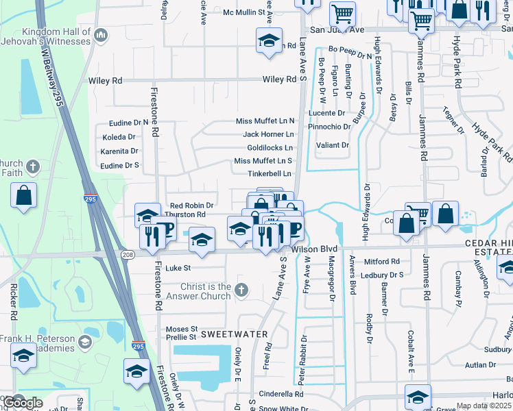 map of restaurants, bars, coffee shops, grocery stores, and more near 6840 Misty View Drive in Jacksonville