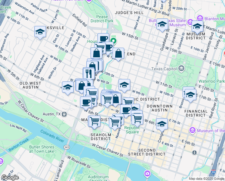 map of restaurants, bars, coffee shops, grocery stores, and more near 900 West 9th Street in Austin