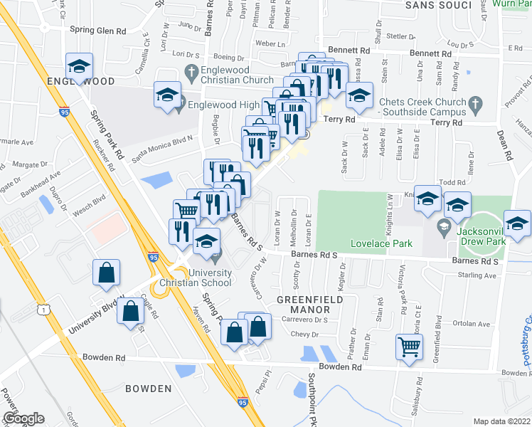 map of restaurants, bars, coffee shops, grocery stores, and more near 2820 Loran Drive North in Jacksonville
