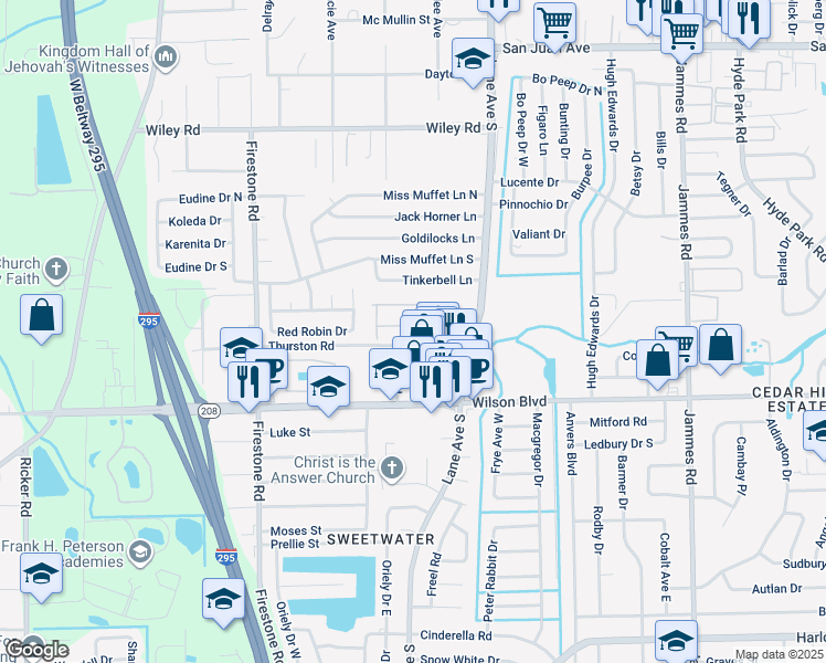 map of restaurants, bars, coffee shops, grocery stores, and more near 6865 Misty View Drive in Jacksonville