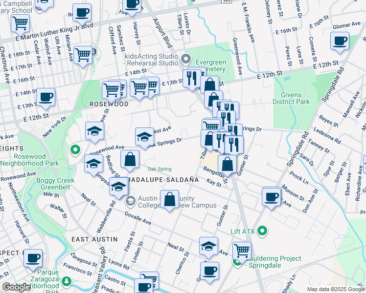 map of restaurants, bars, coffee shops, grocery stores, and more near 122 Oak Springs Drive in Austin