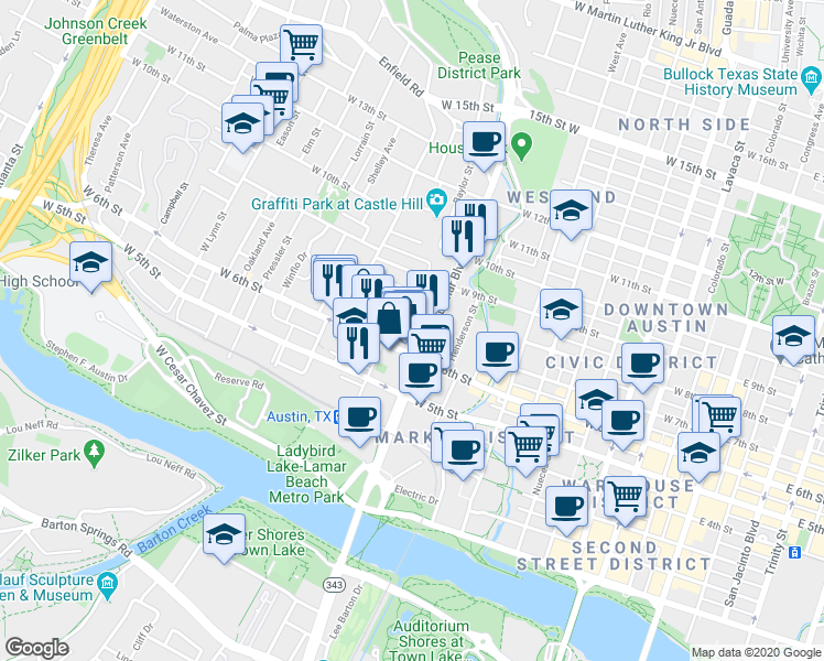 map of restaurants, bars, coffee shops, grocery stores, and more near 608 Baylor Street in Austin