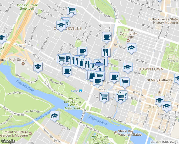 map of restaurants, bars, coffee shops, grocery stores, and more near 608 Baylor Street in Austin