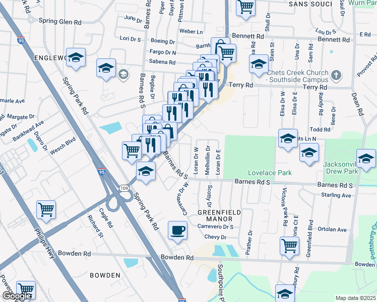 map of restaurants, bars, coffee shops, grocery stores, and more near 5800 University Boulevard West in Jacksonville