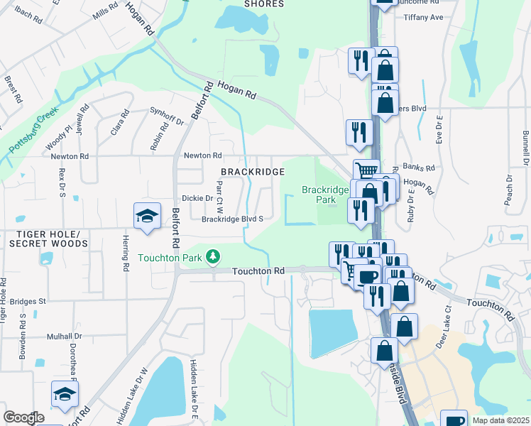 map of restaurants, bars, coffee shops, grocery stores, and more near 8445 Brackridge Boulevard South in Jacksonville