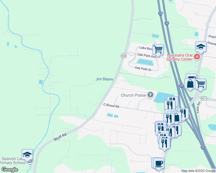 map of restaurants, bars, coffee shops, grocery stores, and more near 14183 Bluff Rd in Prairieville