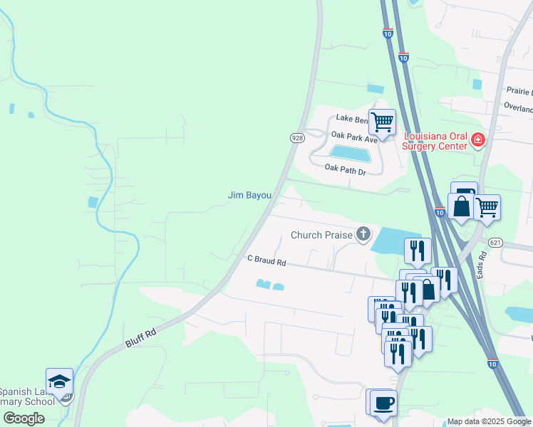 map of restaurants, bars, coffee shops, grocery stores, and more near 14183 Bluff Road in Prairieville