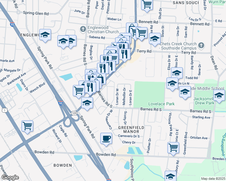 map of restaurants, bars, coffee shops, grocery stores, and more near 5800 University Boulevard West in Jacksonville
