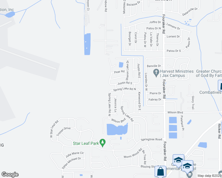 map of restaurants, bars, coffee shops, grocery stores, and more near 8343 Spring Lake Road North in Jacksonville