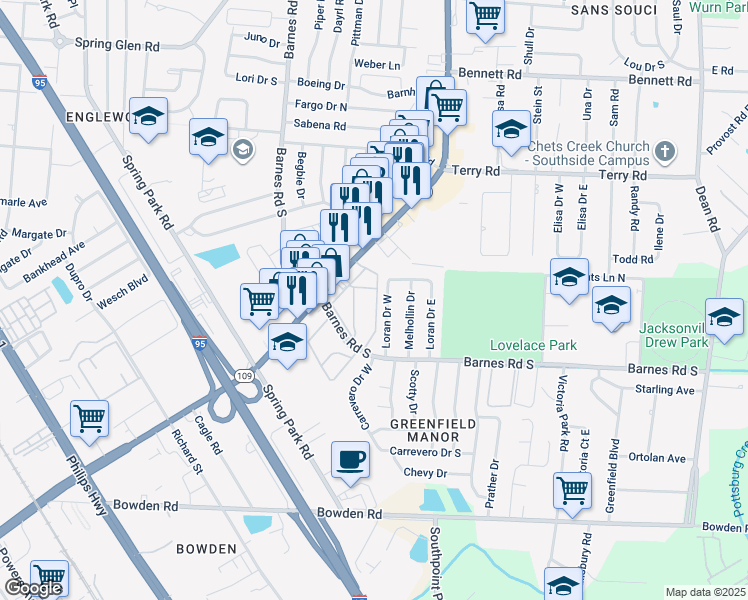 map of restaurants, bars, coffee shops, grocery stores, and more near 2820 Loran Drive North in Jacksonville