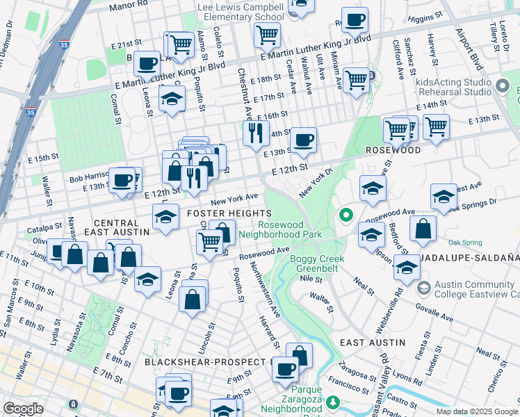 map of restaurants, bars, coffee shops, grocery stores, and more near 2209 New York Avenue in Austin