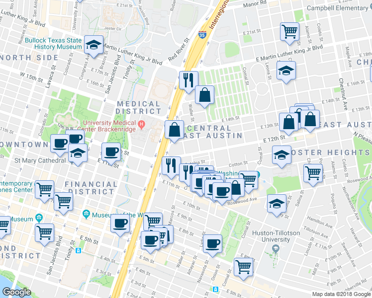 map of restaurants, bars, coffee shops, grocery stores, and more near in Austin