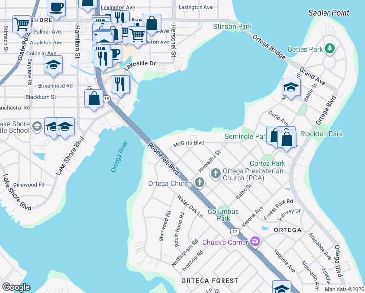 map of restaurants, bars, coffee shops, grocery stores, and more near 4415 McGirts Boulevard in Jacksonville