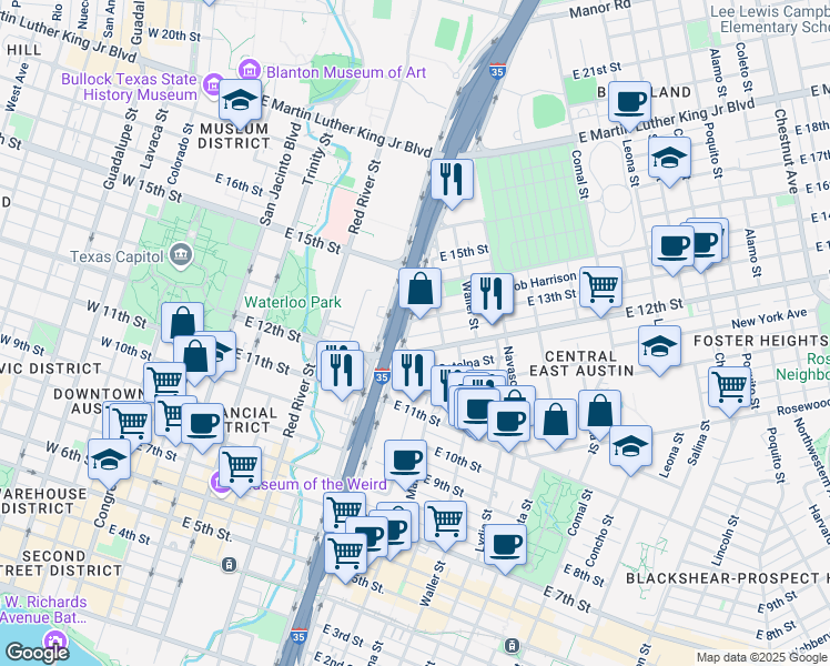 map of restaurants, bars, coffee shops, grocery stores, and more near 813 1/2 East 13th Street in Austin