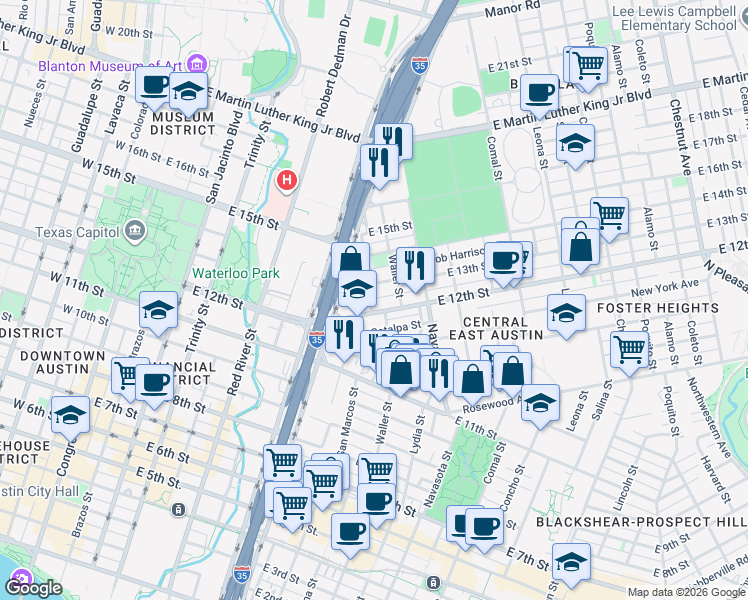 map of restaurants, bars, coffee shops, grocery stores, and more near in Austin