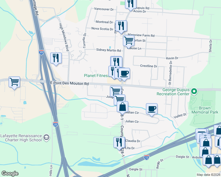 map of restaurants, bars, coffee shops, grocery stores, and more near 428 East Pont Des Mouton Road in Lafayette