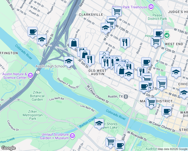 map of restaurants, bars, coffee shops, grocery stores, and more near 1501 West 5th Street in Austin