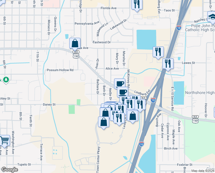 map of restaurants, bars, coffee shops, grocery stores, and more near 1937 Nellie Drive in Slidell