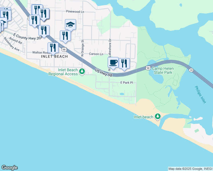 map of restaurants, bars, coffee shops, grocery stores, and more near 32 East Park Place Avenue in Walton County