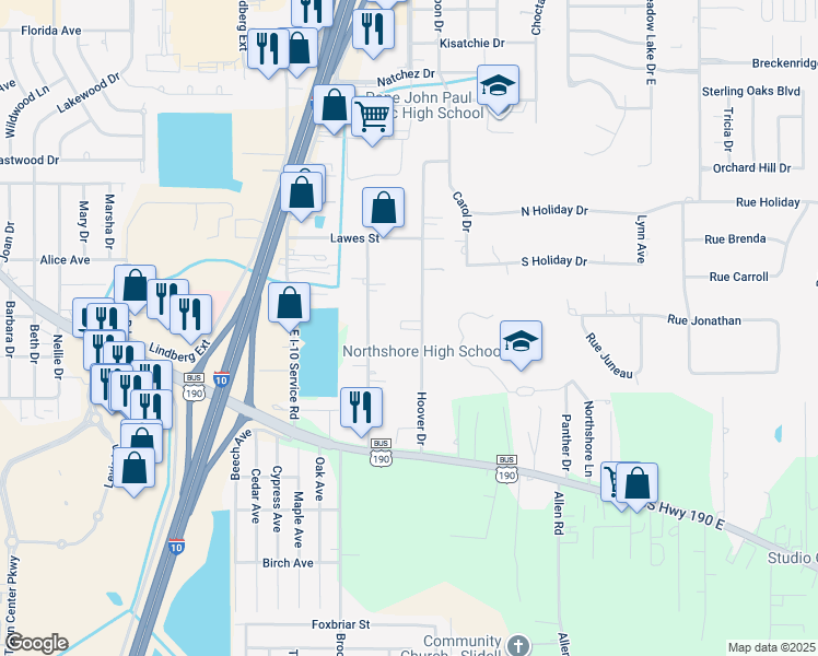 map of restaurants, bars, coffee shops, grocery stores, and more near 143 Hoover Drive in Slidell