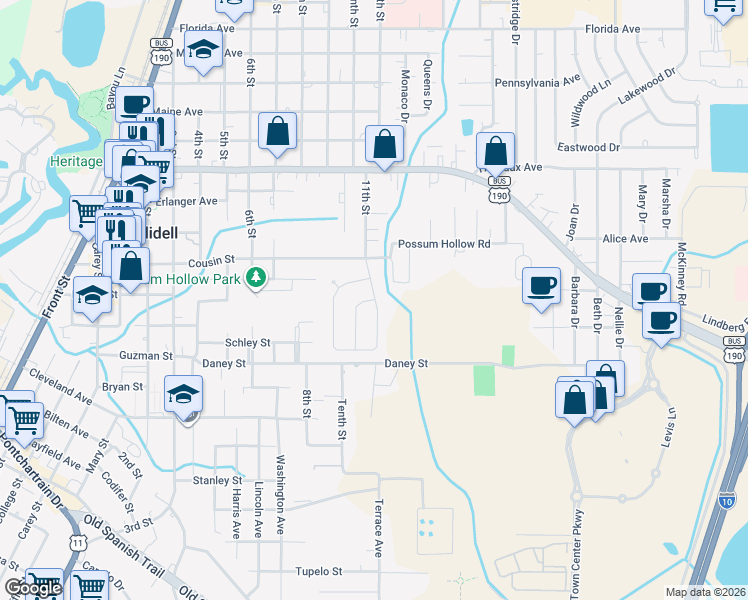 map of restaurants, bars, coffee shops, grocery stores, and more near 2100 Middle Drive in Slidell
