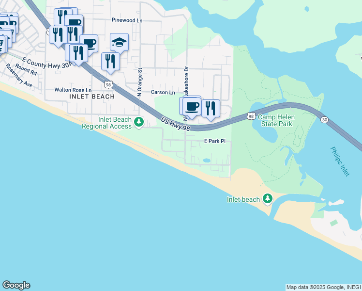 map of restaurants, bars, coffee shops, grocery stores, and more near 32 East Park Place Avenue in Walton County