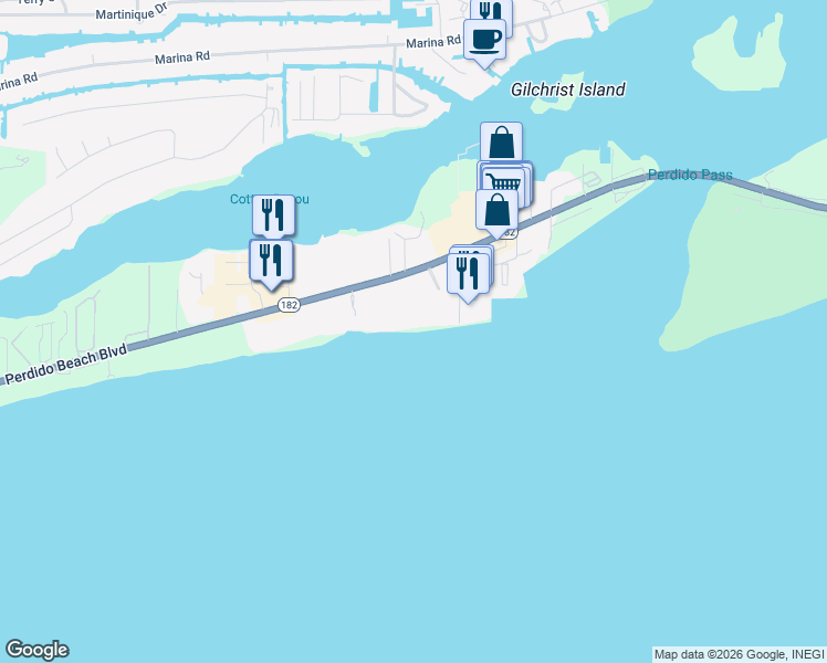 map of restaurants, bars, coffee shops, grocery stores, and more near 27008 Perdido Beach Boulevard in Orange Beach