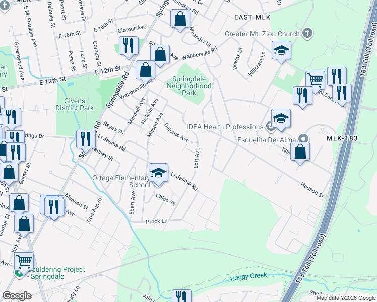 map of restaurants, bars, coffee shops, grocery stores, and more near 5307 Delores Avenue in Austin