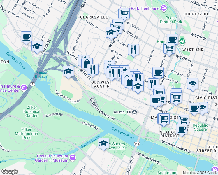 map of restaurants, bars, coffee shops, grocery stores, and more near 1400 West 5th Street in Austin