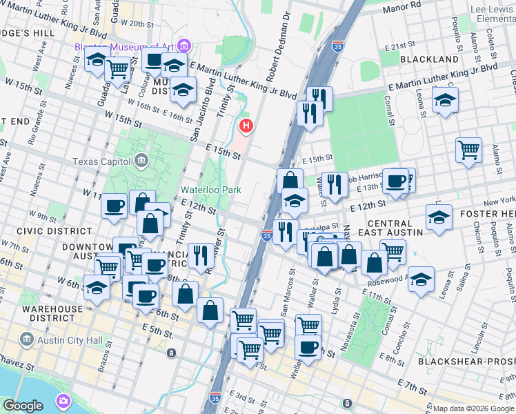 map of restaurants, bars, coffee shops, grocery stores, and more near 1302-1392 N Interstate 35 Frontage Rd in Austin