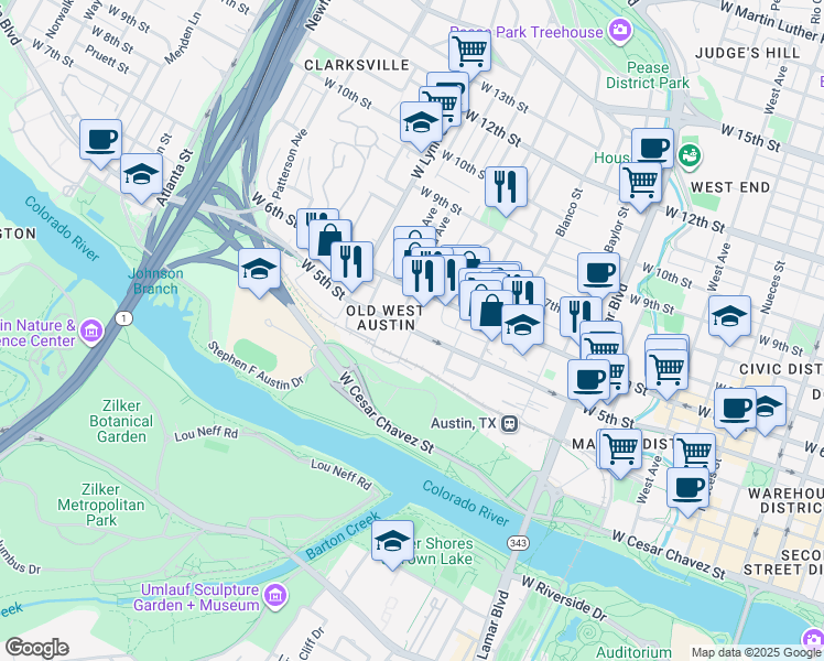 map of restaurants, bars, coffee shops, grocery stores, and more near 1400 West 5th Street in Austin