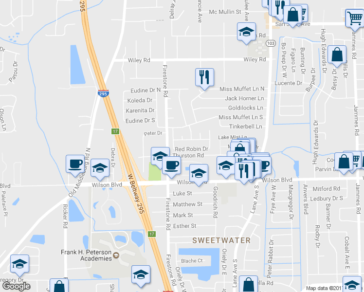 map of restaurants, bars, coffee shops, grocery stores, and more near 7056 Christopher Robin Drive in Jacksonville