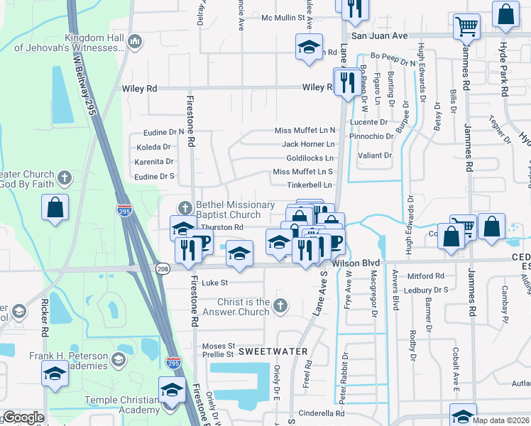 map of restaurants, bars, coffee shops, grocery stores, and more near 2542 Summit View Drive in Jacksonville