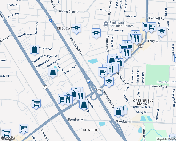 map of restaurants, bars, coffee shops, grocery stores, and more near 4816 Spring Park Road in Jacksonville