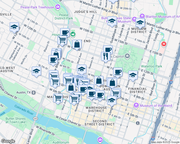 map of restaurants, bars, coffee shops, grocery stores, and more near 904 Nueces Street in Austin
