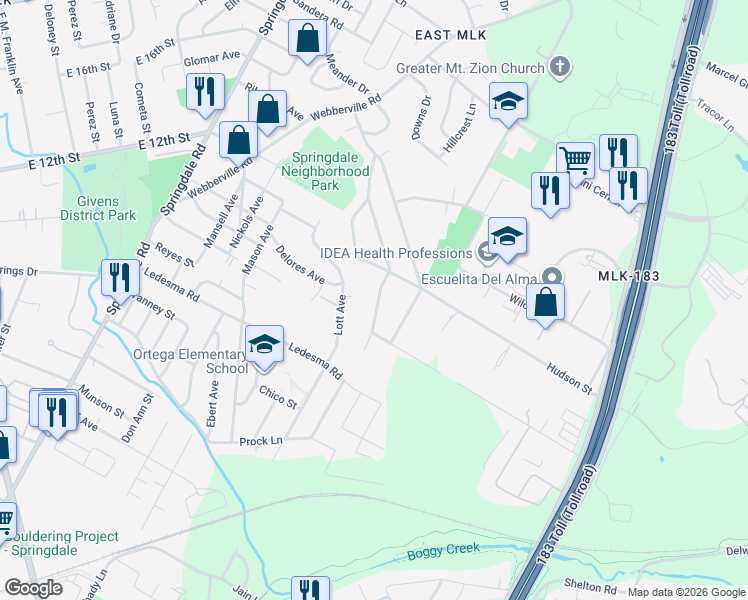 map of restaurants, bars, coffee shops, grocery stores, and more near 1136 Eleanor Street in Austin