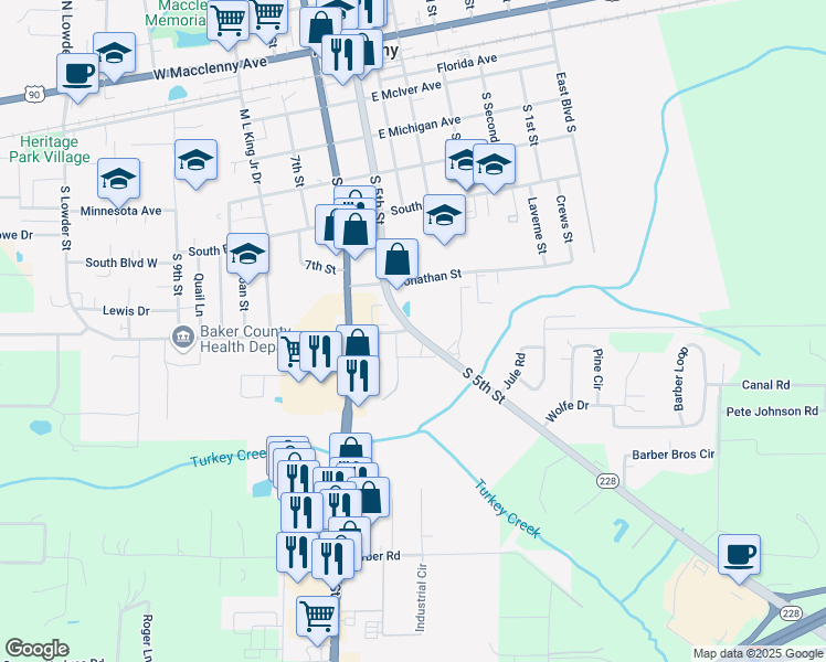 map of restaurants, bars, coffee shops, grocery stores, and more near 755 South 5th Street in Macclenny