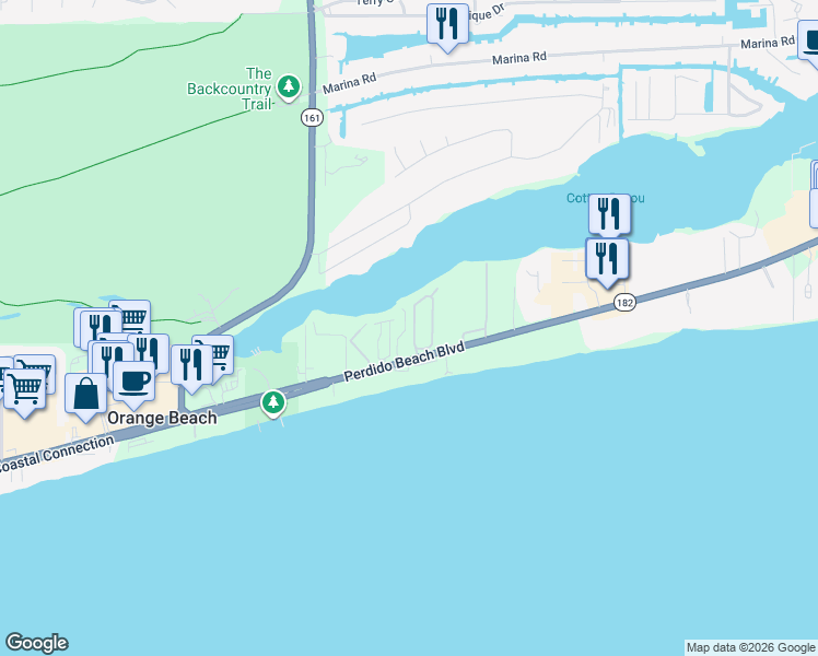 map of restaurants, bars, coffee shops, grocery stores, and more near 3212 Mariner Circle in Orange Beach