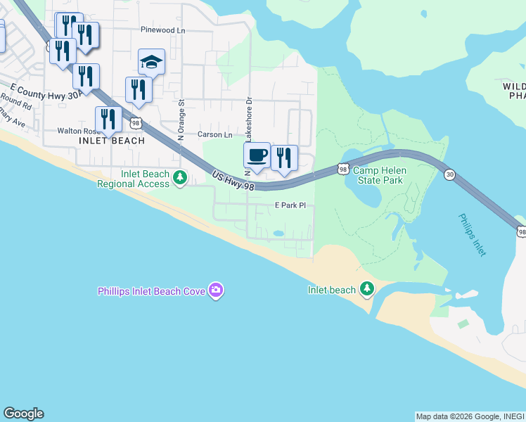 map of restaurants, bars, coffee shops, grocery stores, and more near 54 Park Place in Panama City Beach