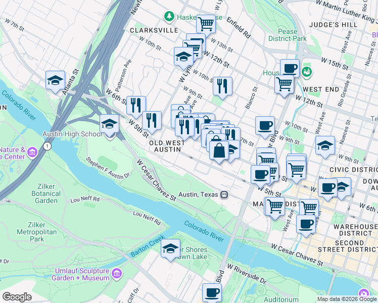 map of restaurants, bars, coffee shops, grocery stores, and more near 1300 West 5th Street in Austin