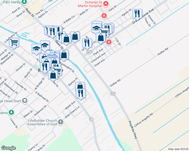 map of restaurants, bars, coffee shops, grocery stores, and more near 632 South Poydras Street in Breaux Bridge