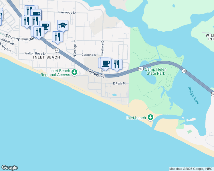 map of restaurants, bars, coffee shops, grocery stores, and more near 34 East Park Place Avenue in Panama City Beach