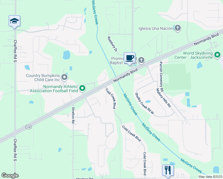 map of restaurants, bars, coffee shops, grocery stores, and more near 10512 Normandy Boulevard in Jacksonville