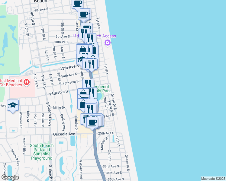 map of restaurants, bars, coffee shops, grocery stores, and more near 1601 Ocean Drive South in Jacksonville Beach