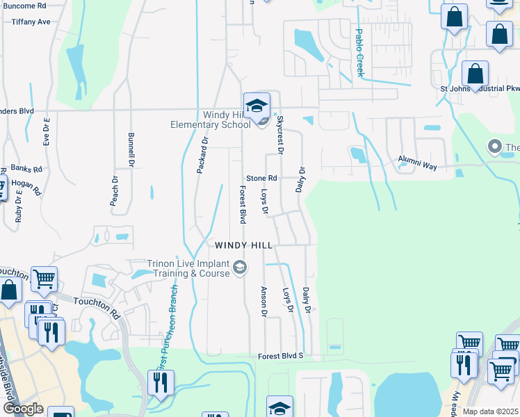 map of restaurants, bars, coffee shops, grocery stores, and more near 4056 Loys Drive in Jacksonville