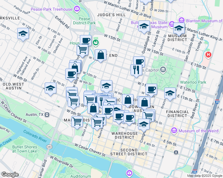 map of restaurants, bars, coffee shops, grocery stores, and more near 602 West 9th Street in Austin
