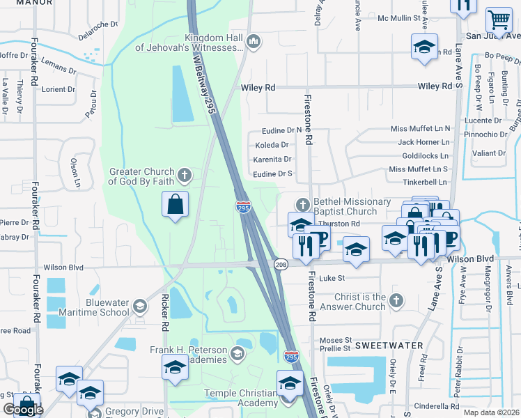 map of restaurants, bars, coffee shops, grocery stores, and more near West Beltway 295 in Jacksonville