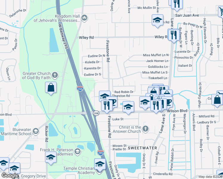 map of restaurants, bars, coffee shops, grocery stores, and more near 7056 Christopher Robin Drive in Jacksonville